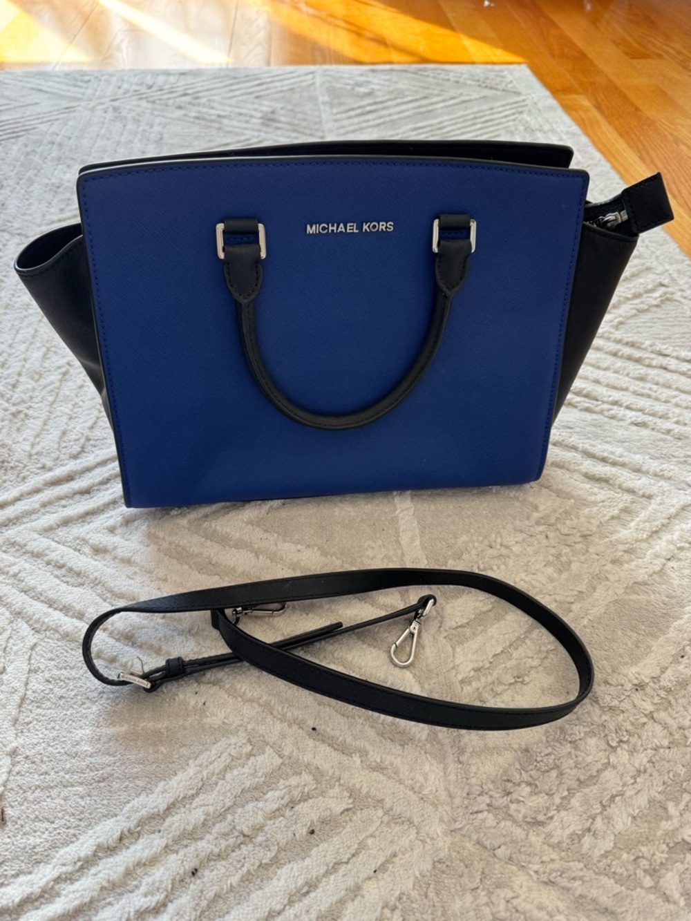 Michael Kors Blue and Black Saffiano Satchel with Removable Strap